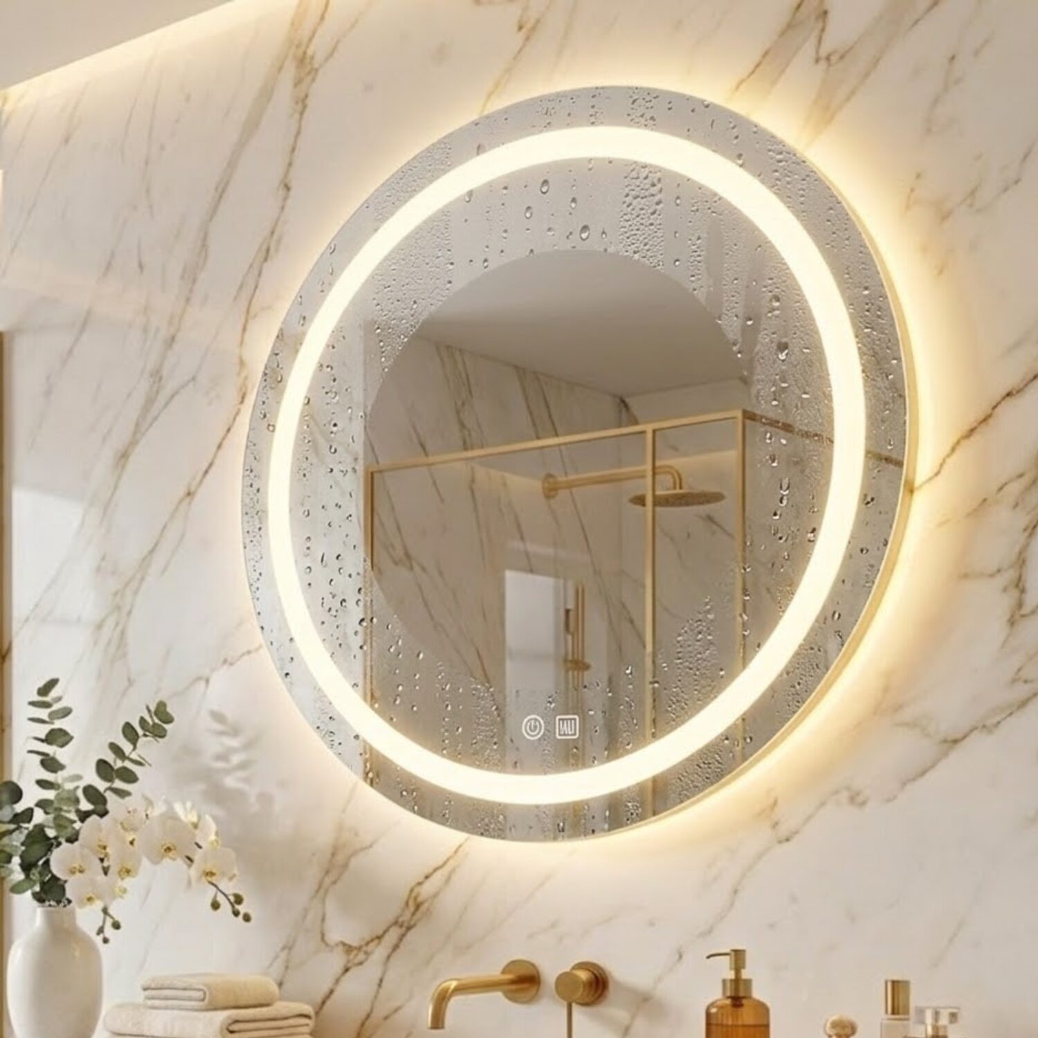 espelho led 3 cores botão touch luz ajustável redondo com desembaçador