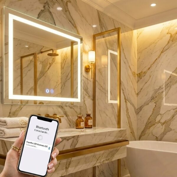 espelho 4mm led branco frio com musica caixas de som bluetooth