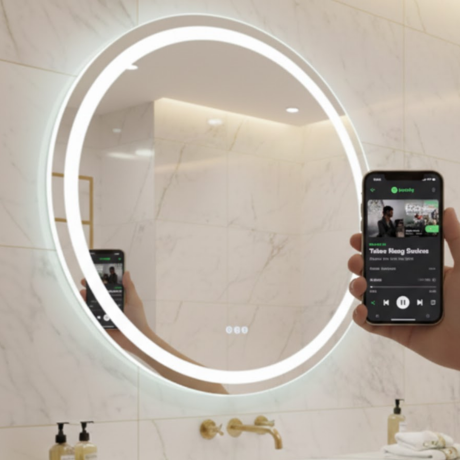 Espelho 4mm Led 3 Cores interativo bluetooth som e desembaçador Redondo espelho 4mm led 3 cores interativo bluetooth som e desembaçador redondo