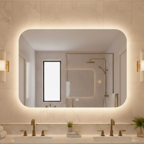 Espelho Led Touch Luz Ajustável Retangular Arredondado Flutuante espelho led touch luz ajustável retangular arredondado flutuante