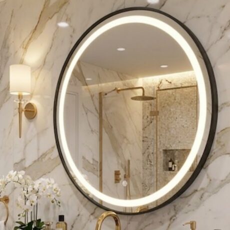 espelho led 3 cores botão touch luz ajustável redondo moldura dourada (cópia)