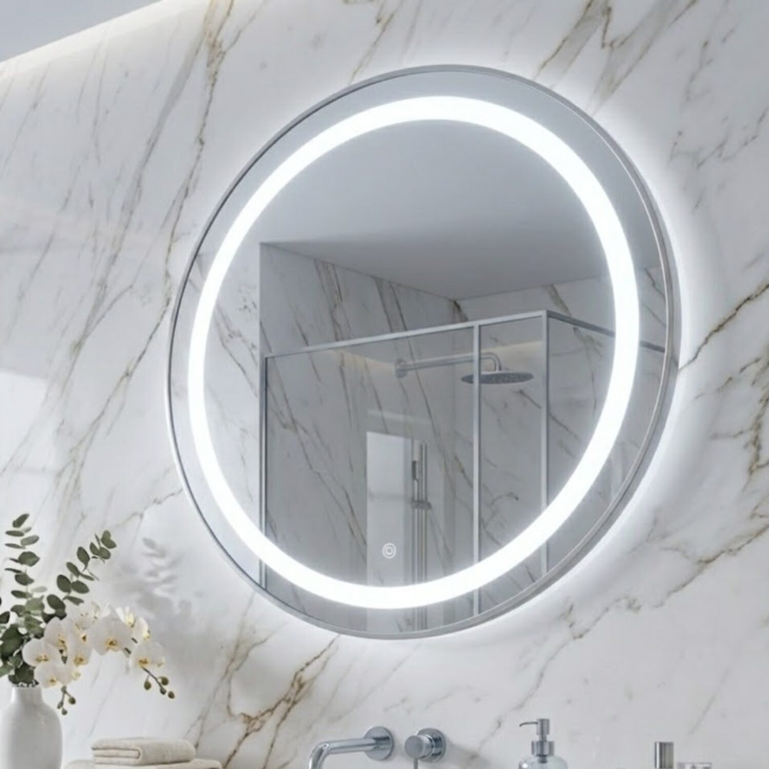 espelho led 3 cores botão touch luz ajustável redondo moldura preta pvc (cópia)
