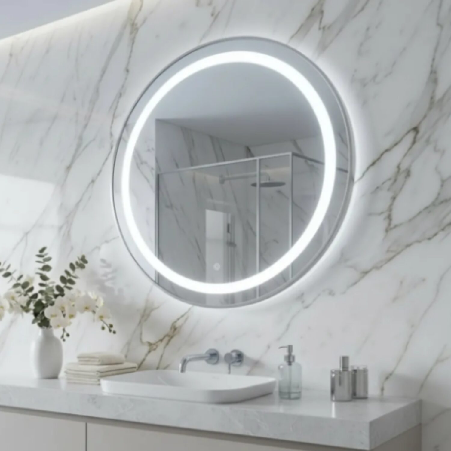 espelho led 3 cores botão touch luz ajustável redondo moldura prata pvc