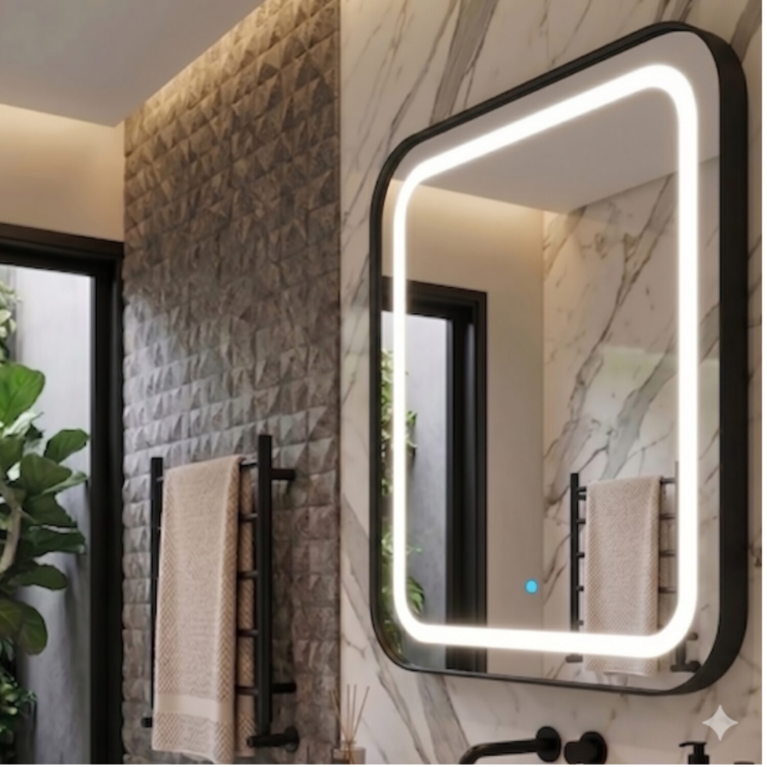 espelho 4mm moldura couro bege led 3 cores fria neutra e quente touch luz (cópia)
