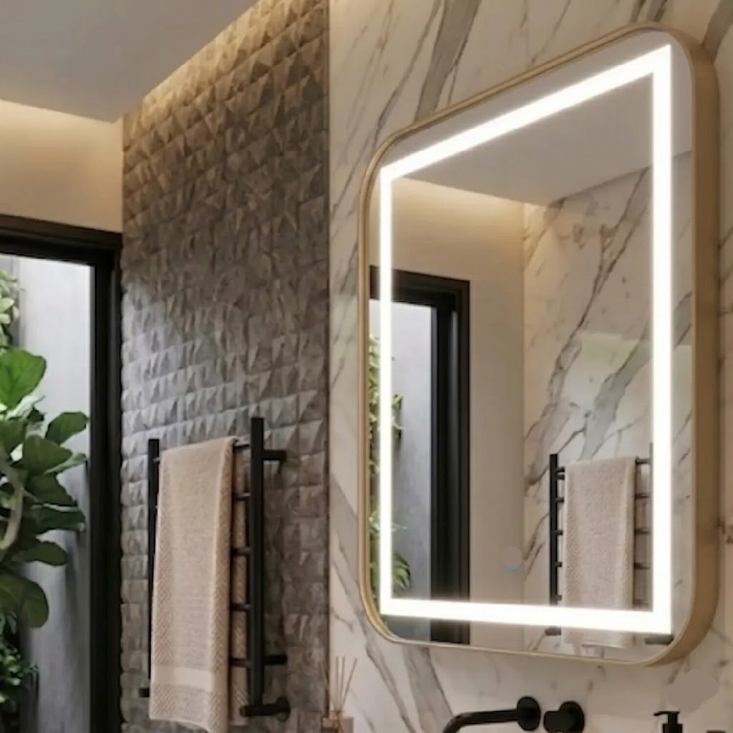 espelho 4mm moldura couro bege led 3 cores fria neutra e quente touch luz
