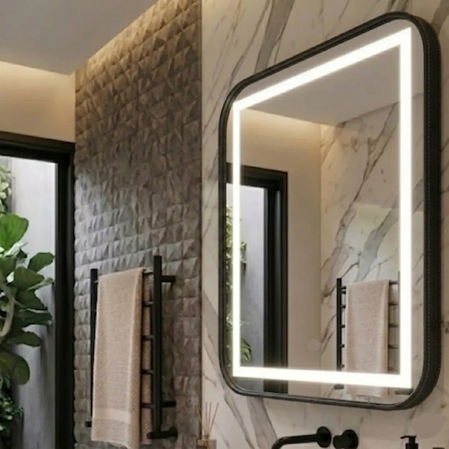 espelho 4mm moldura couro preto led 3 cores fria neutra e quente touch luz