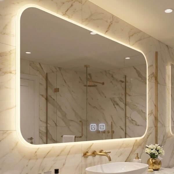 Espelho 4mm Led 3 Cores Touch Desembaçador Borda Infinita Ponta Arredondada espelho 4mm retangular led 3 cores fria neutra e quente touch e desembaçador (cópia)