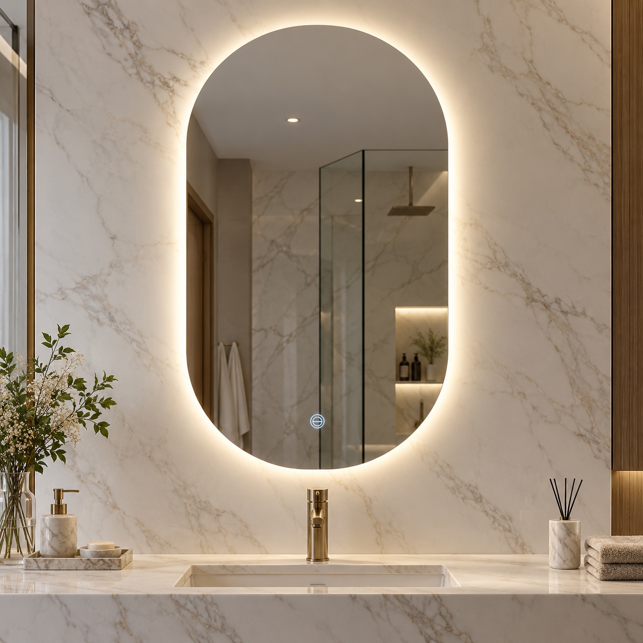 Espelho 4mm Led 3 cores Capsula Luz Indireta Botão Touch Luz Ajustável espelho flutuante oval 1